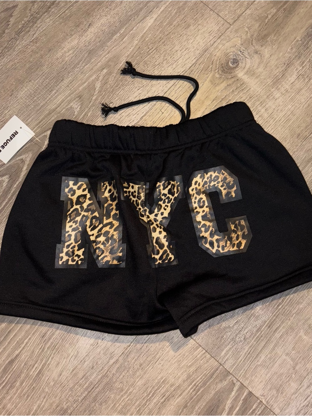 Refuge Fleece Black Boyfriend Shorts with Leopard NYC Accent